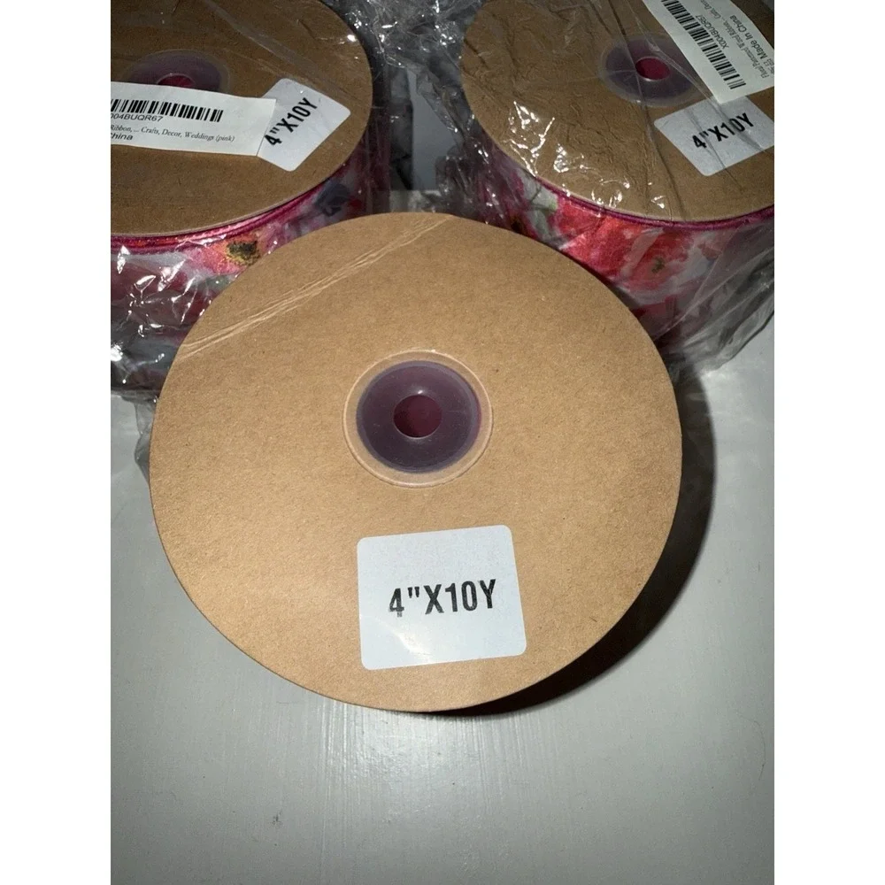 3 Floral Patterned Wired Roll 4 Inch x 10 Yards, Pink Wedding Shower Bridgerton